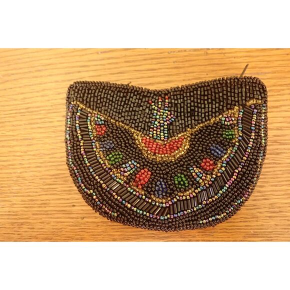 Beaded Sequin Black Coin Purse Seed Bead Coin Pouch Ornate - Picture 1 of 5